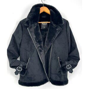 Hollister Black Faux Shearling Fur Suede Coat Biker Moto Jacket Women's Sz XL